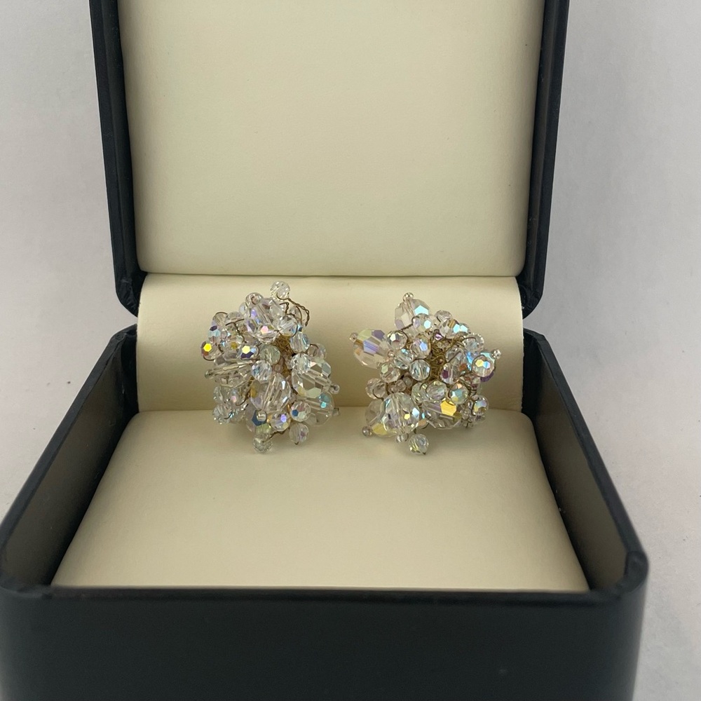 Vintage Jewelry Crystal Cluster Aurora Borealis Clip On Earrings